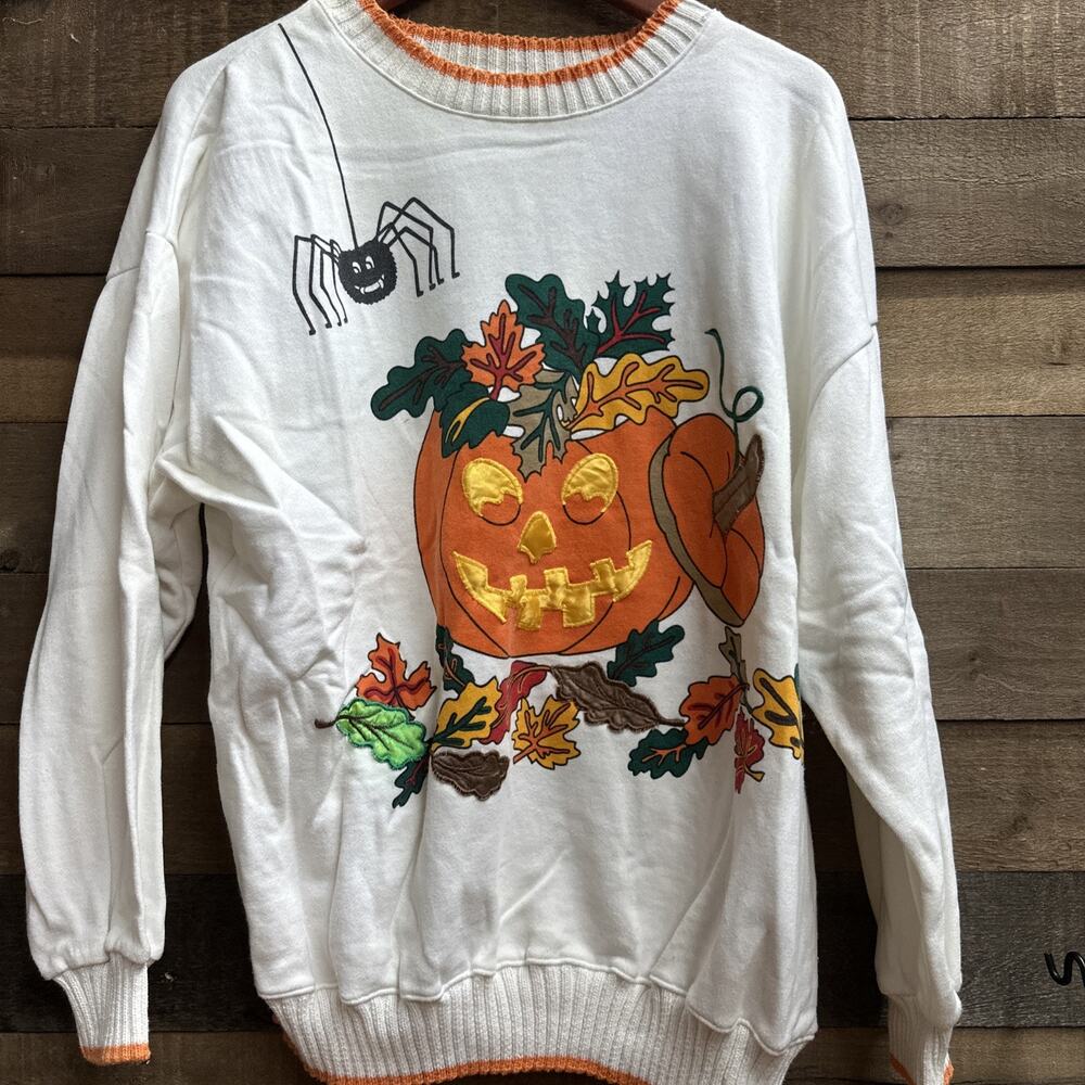 Vintage Knitted Cuffs Halloween Pumpkin Spider Sweatshirt Size Xl 1990s